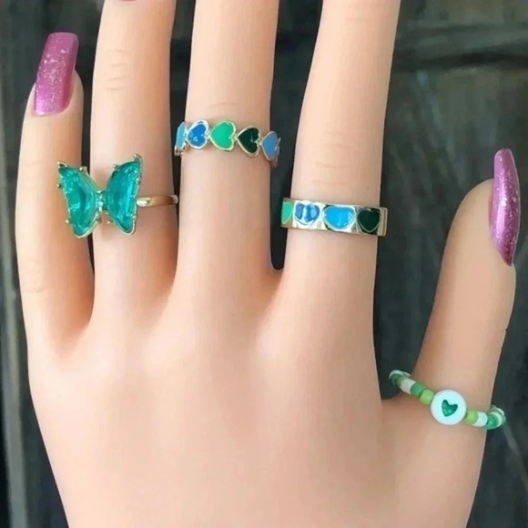 Butterfly Hearts Green Blue Midi Ring Set NWT - Picture 1 of 4